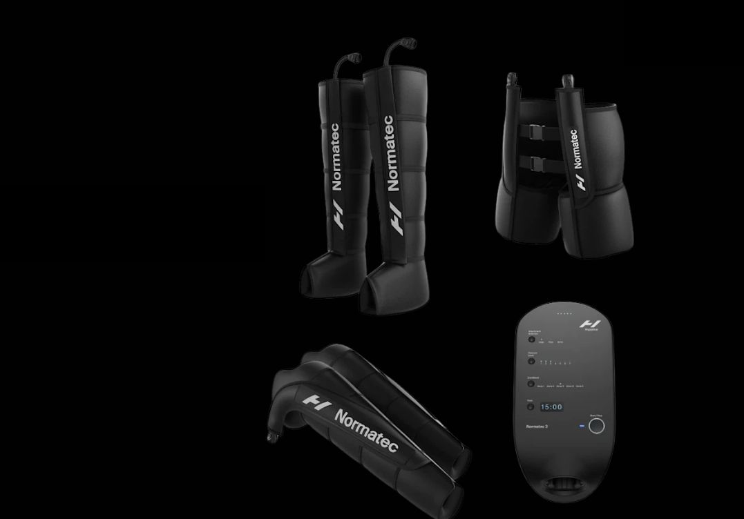 The Normatec 3 range at Solis Body Club: leg boots, hip attachment, arm sleeves and the control unit
