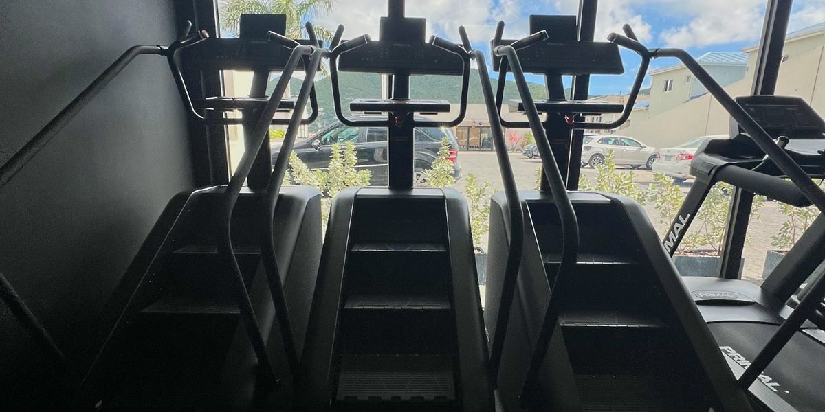 Three Primal stair climbers facing the windows and the hills at Solis Body Club